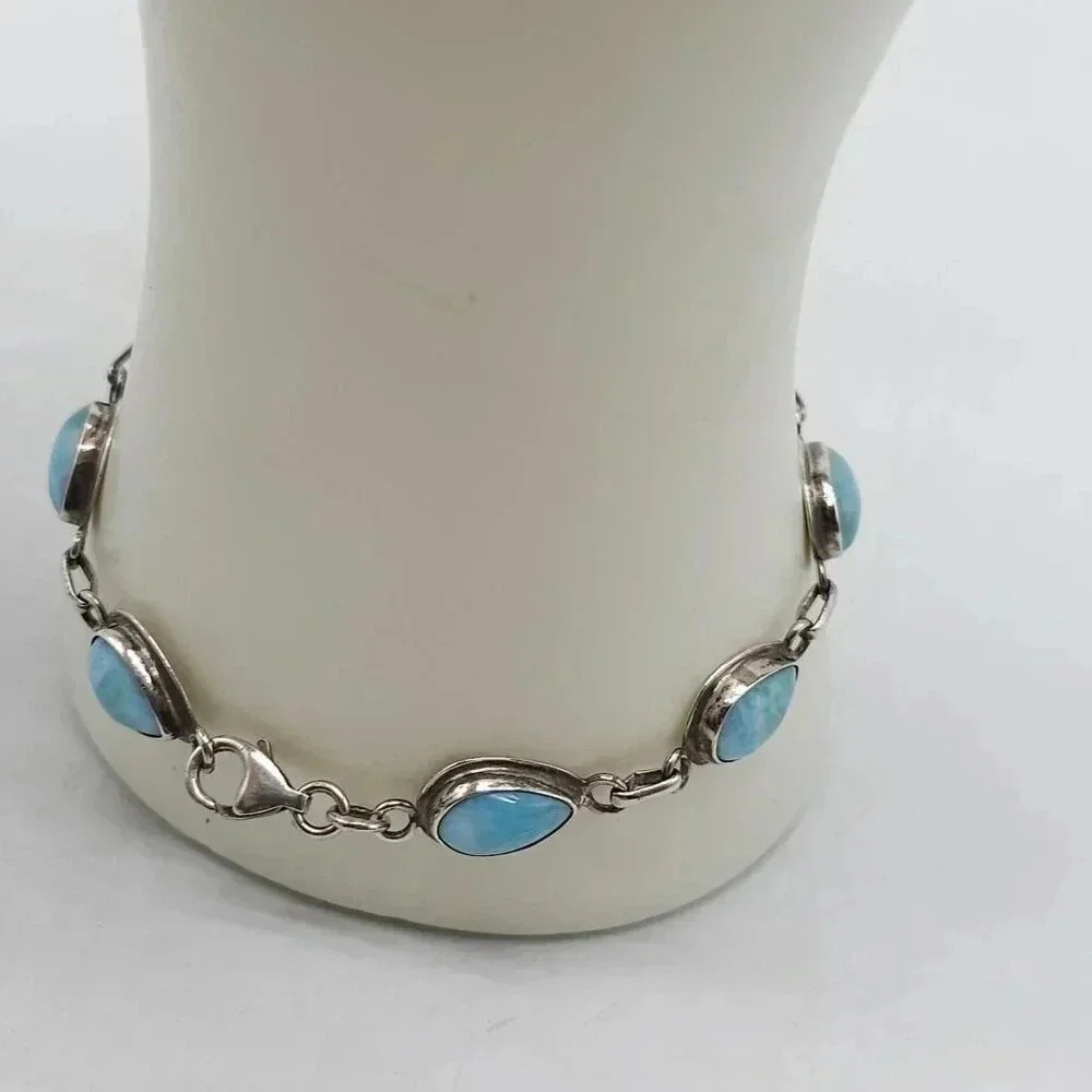 Sterling Silver Blue Larimar Tear Drop Chain Bracelet 7.5 in 10.62g